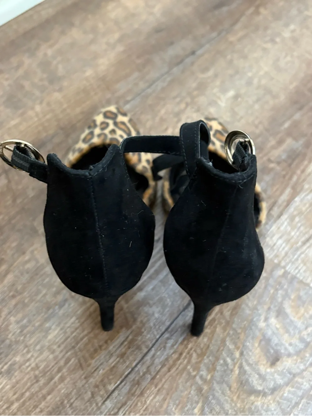 Leopard Print Pointed Heels with Black Ankle Strap - Leopard & Black